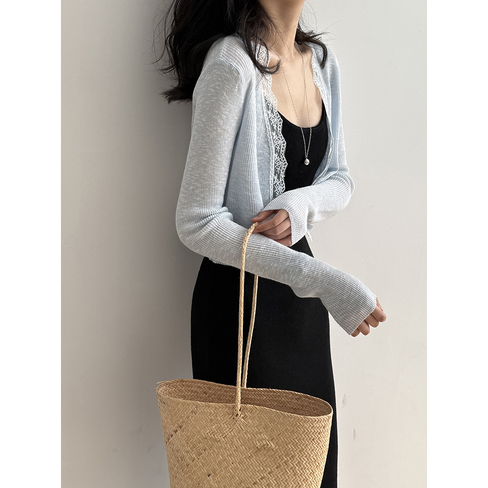 レース 服 レース縁取りリブ編みカーディガン