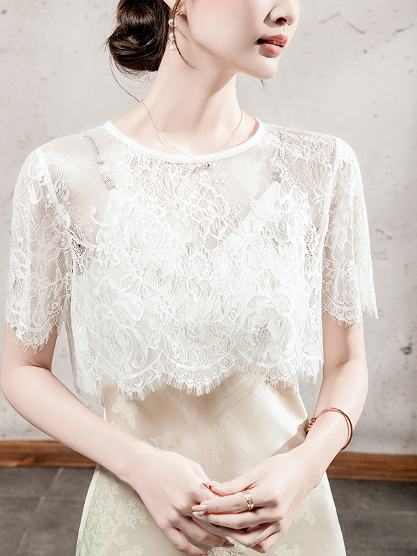 レース 服 花柄レース重ね半袖トップス