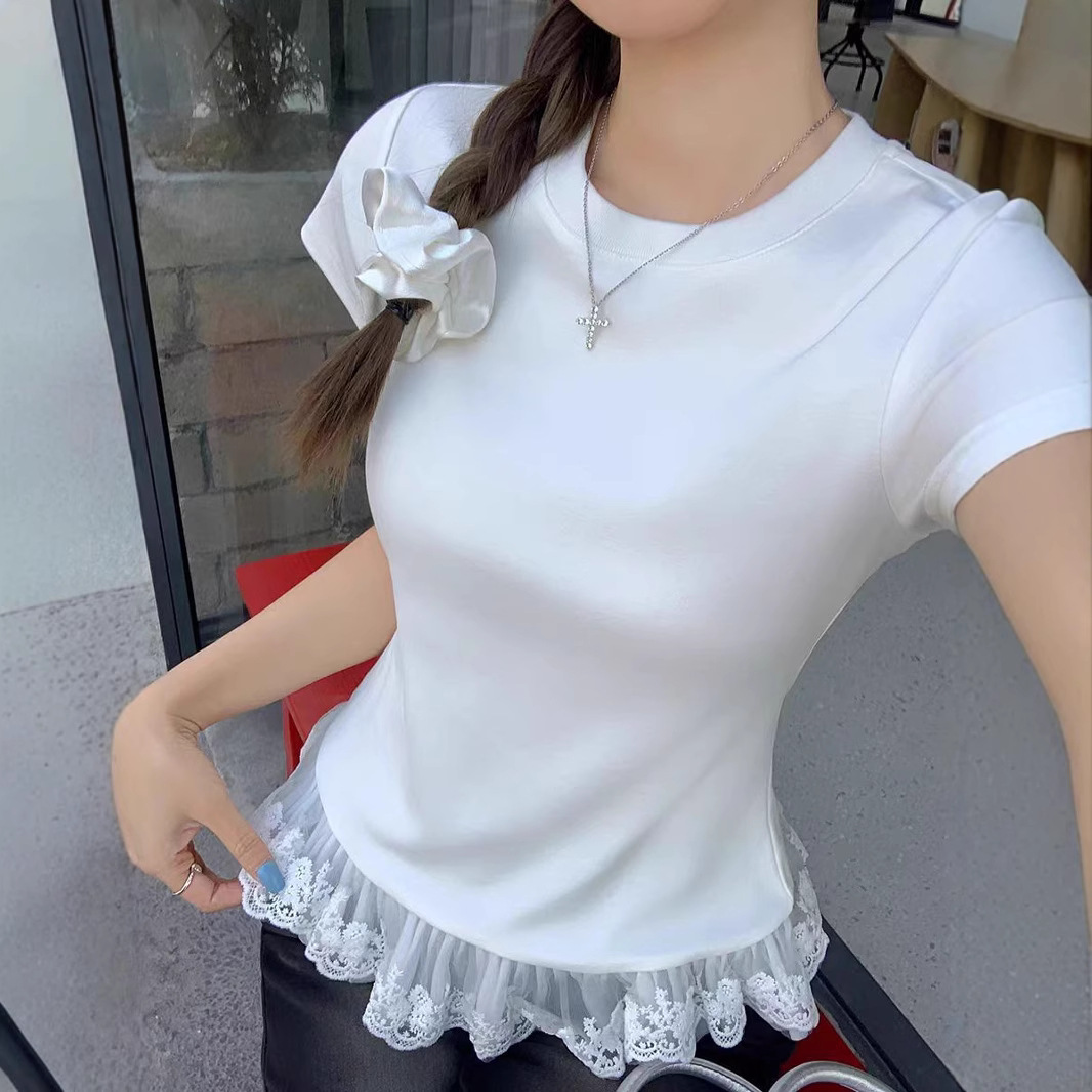 レース 服 裾レース切替半袖フリルトップス