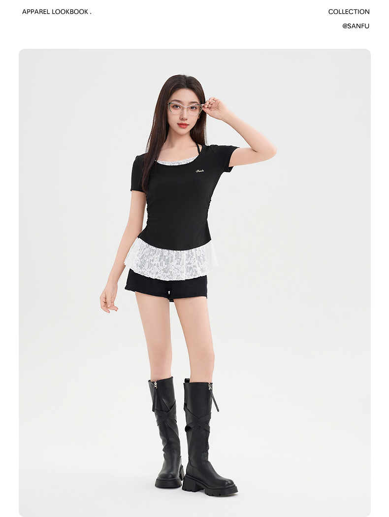 レース 服 レース裾フリル半袖リブトップス