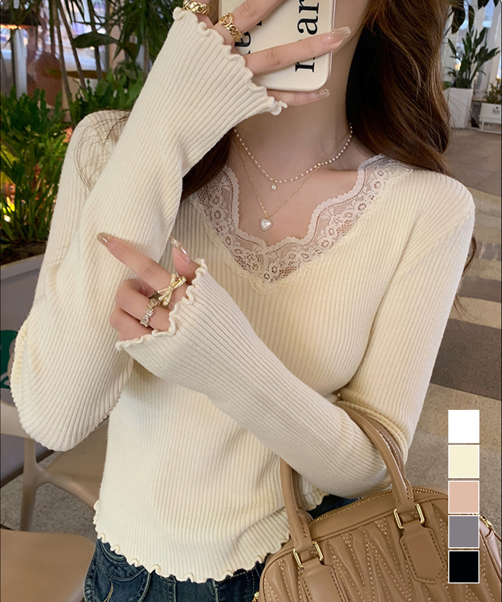 レース 服 レース付きリブニットトップス 長袖 フリル