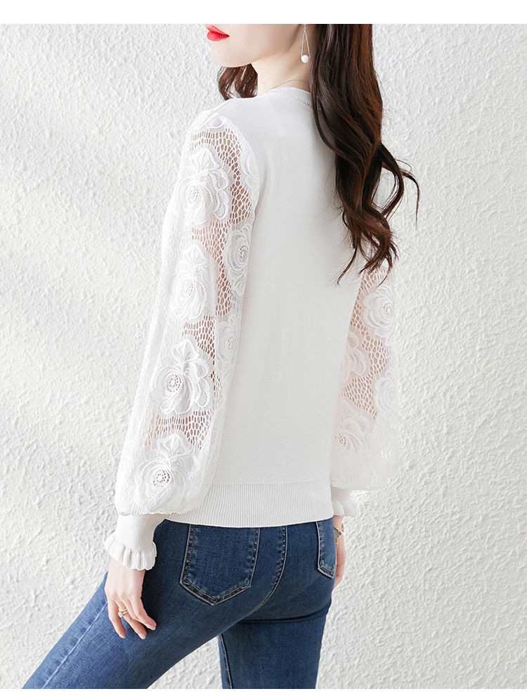 レース 服 2025新作レース袖切り替え長袖薄手透け感丸首トップス