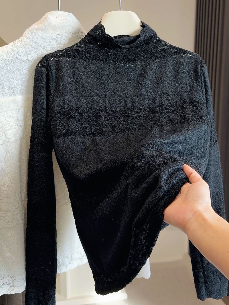 レース 服 新入荷レース打底衫長袖トップス裏起毛韓国風インナー二色
