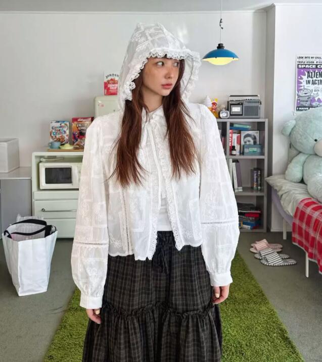 レース 服 秋冬レースフード付き長袖シャツ白色透け感トップス