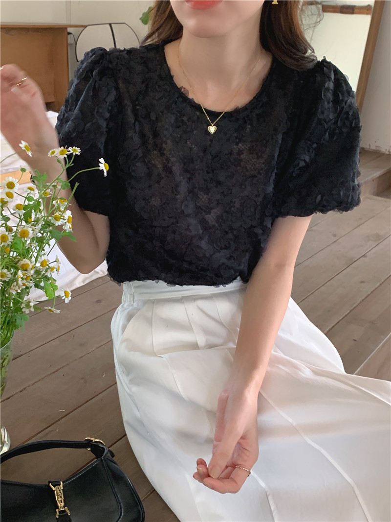 レース 服 レース丸首半袖トップス体型カバーふんわり袖レディース