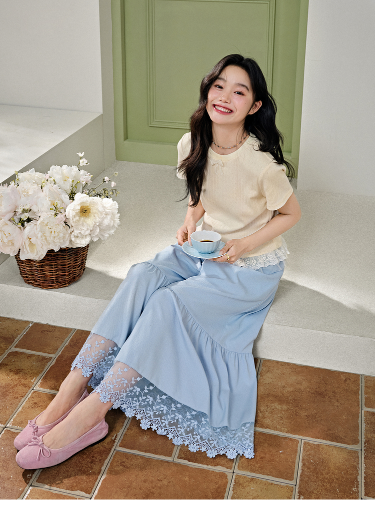 レース 服 花刺繍レース裾ティアードスカート