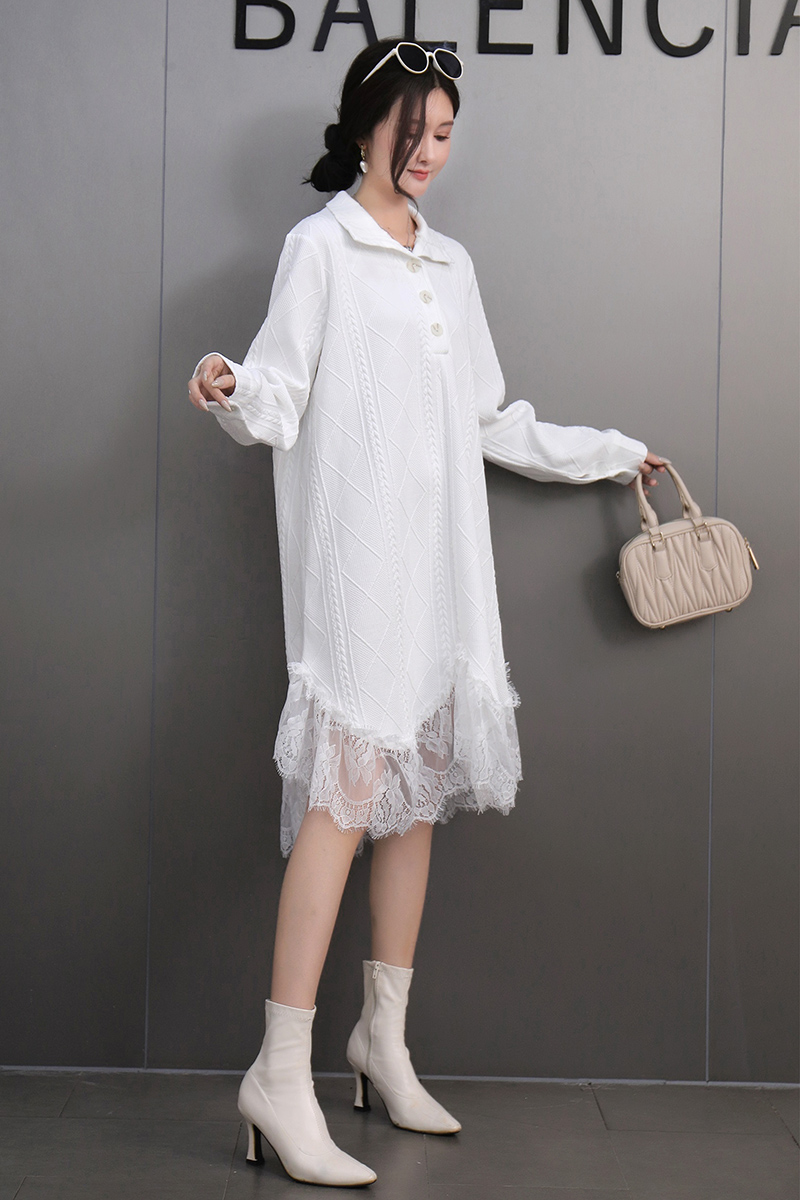 レース 服 レース裾飾り襟付きゆったりワンピース