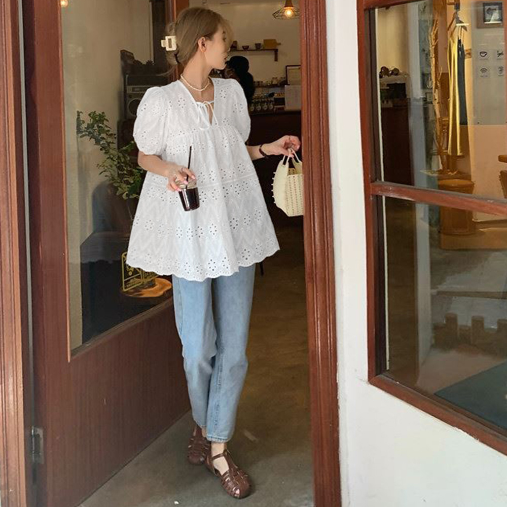 レース 服 カットワークレース刺繍ブラウス五分袖