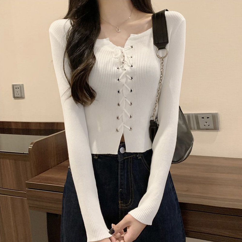 レース 服 リブ編みニット レースアップ 長袖トップス