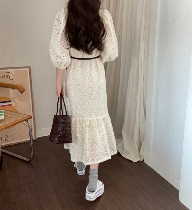 レース 服 レース透かし彫りワンピース体型カバーロング丈