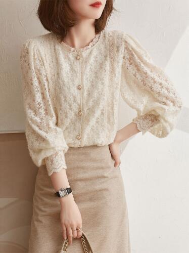 レース 服 花柄レースブラウス パフスリーブ長袖トップス