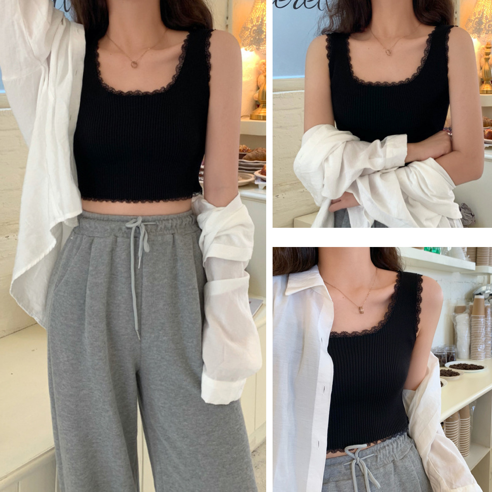 レース 服 レース付きリブニットタンクトップ へそ出しショート丈