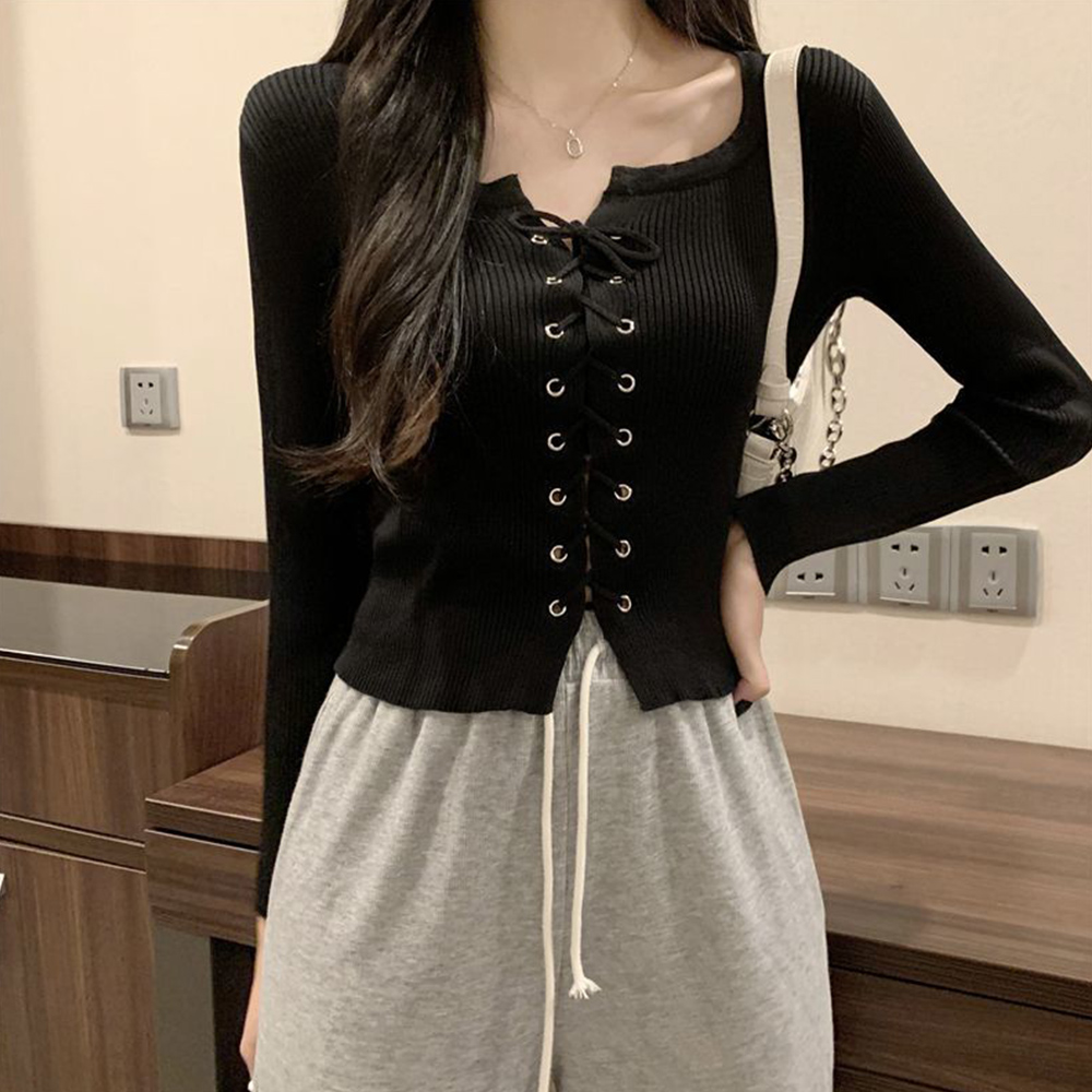 レース 服 リブ編みニット レースアップ 長袖トップス