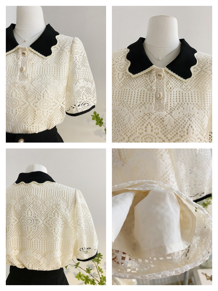 レース 服 襟付きレース半袖ポロブラウス