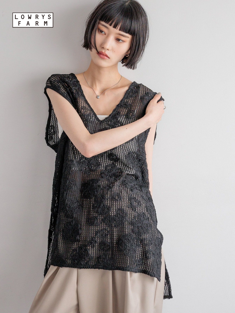 レース 服 花模様透かし編みレースチュニック