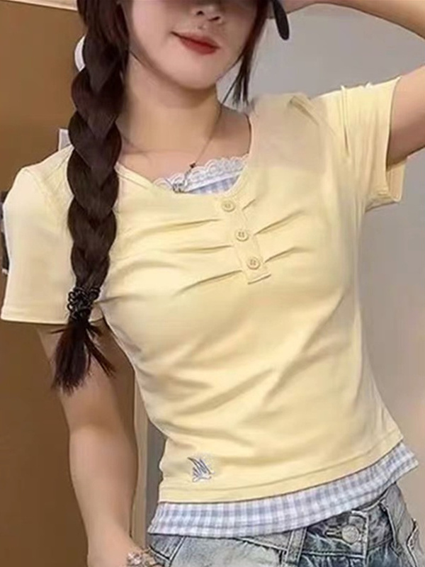 レース 服 レース縁取り重ね着風トップス
