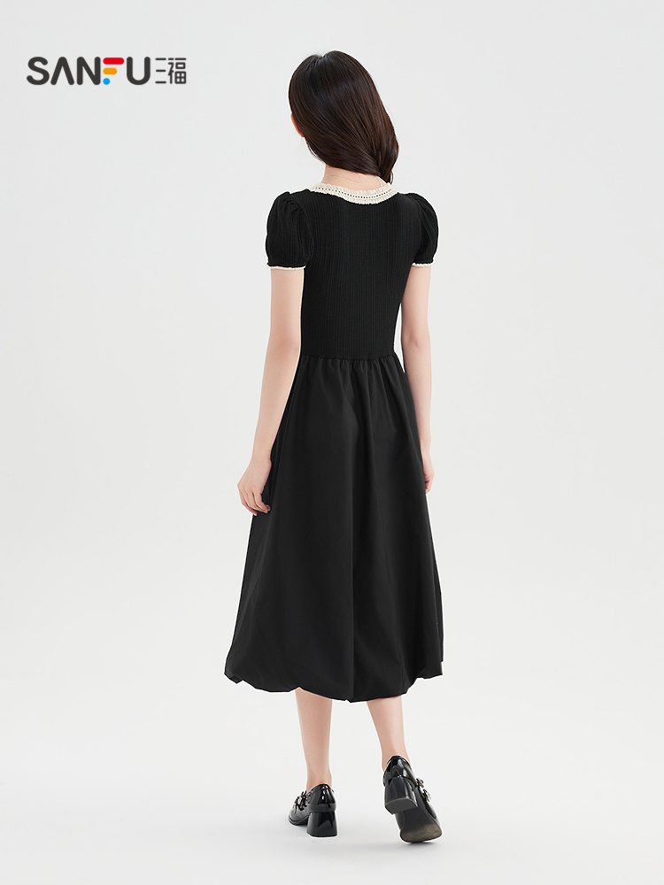 レース 服 上品リボン付きレース襟ワンピース