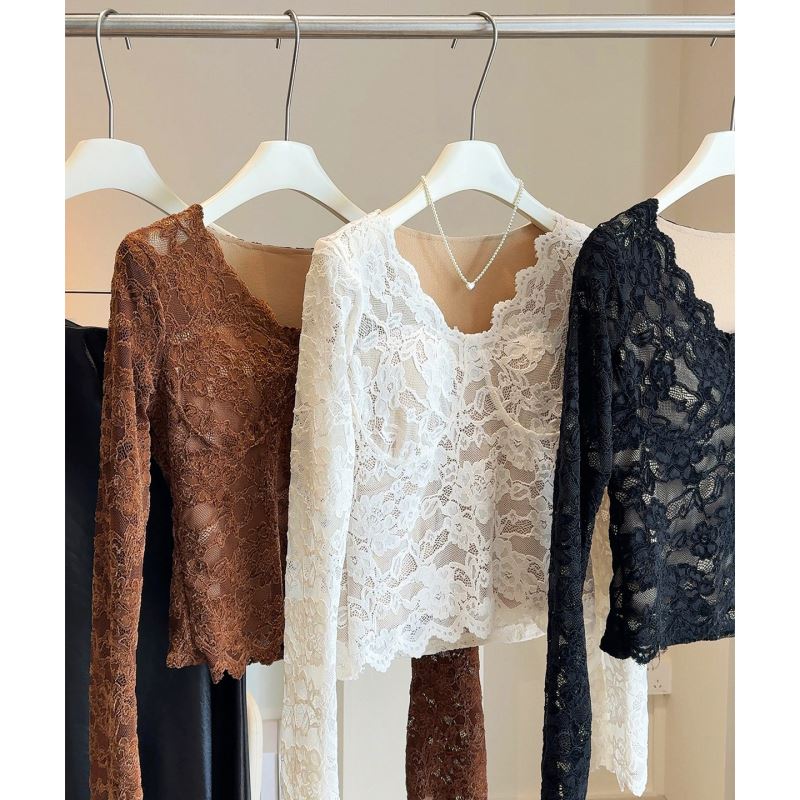 レース 服 レース長袖インナートップス裏起毛韓国風３色