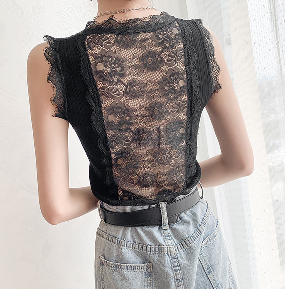 レース 服 レース切り替えリブニットキャミソール