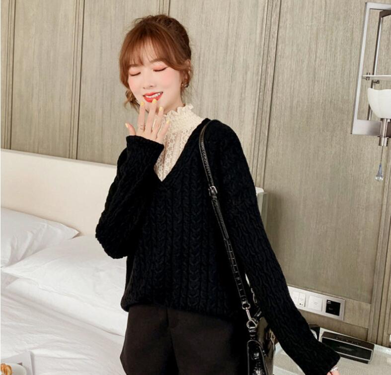 レース 服 レース襟付きケーブル編みセーター女性用ゆったりニット