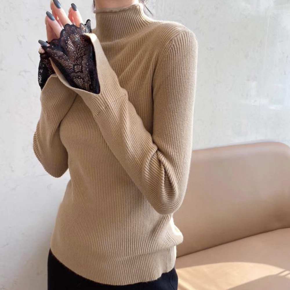 レース 服 袖先繊細花柄総レースタートルニットセーター女性用