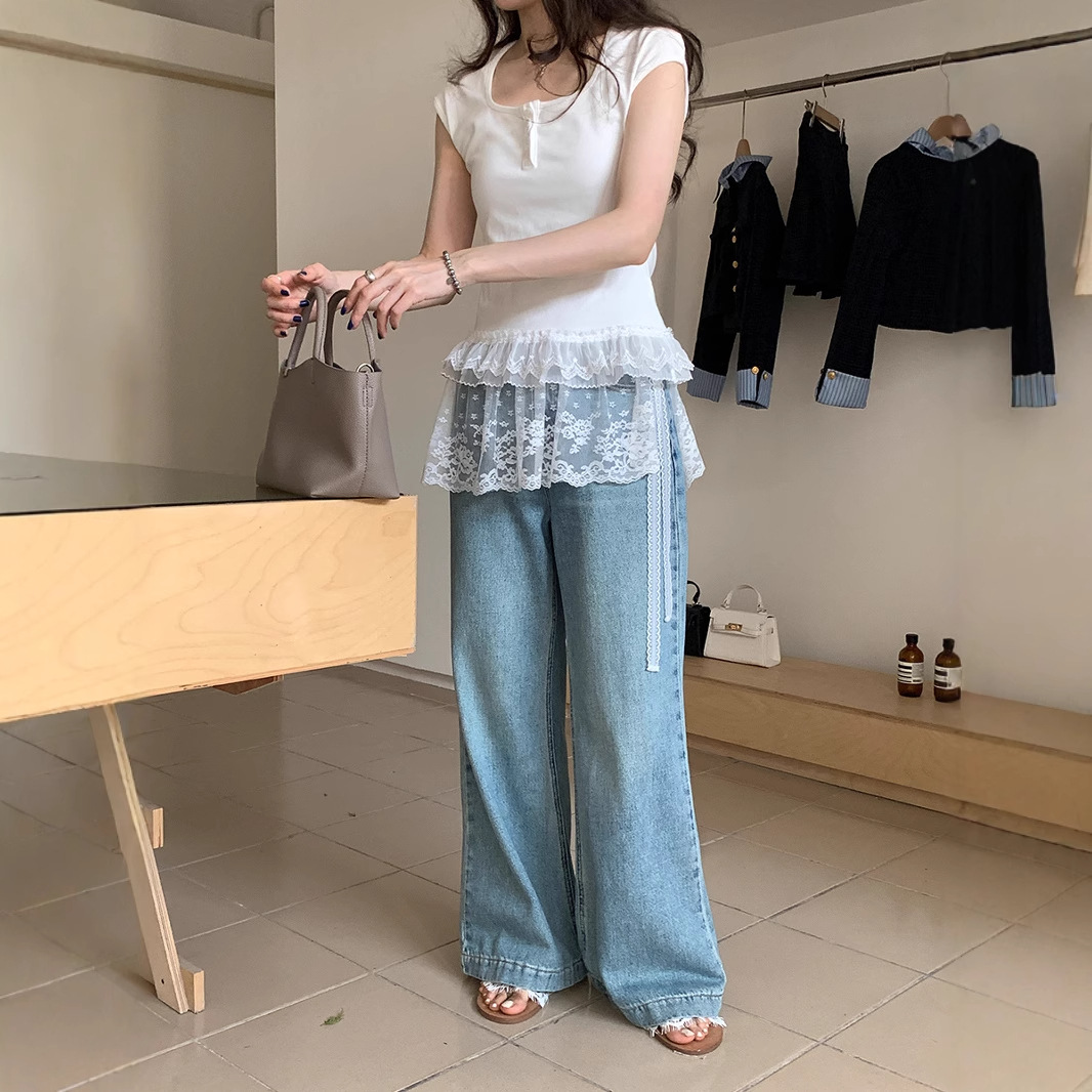 レース 服 裾レース飾り半袖フレンチトップス