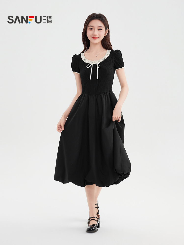 レース 服 上品リボン付きレース襟ワンピース