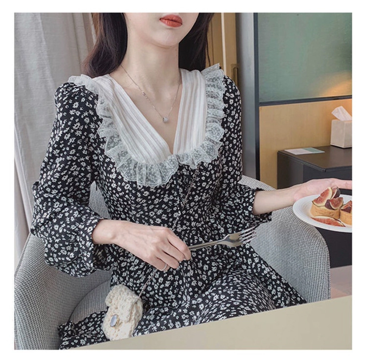 レース 服 レース襟花柄ワンピース 長袖シフォン風