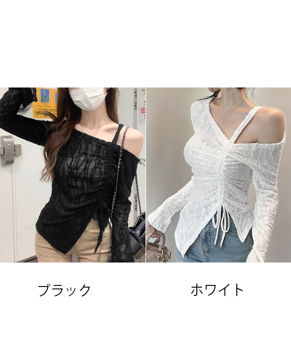レース 服 ワンショルダーレーストップス肩出しギャザーデザイン