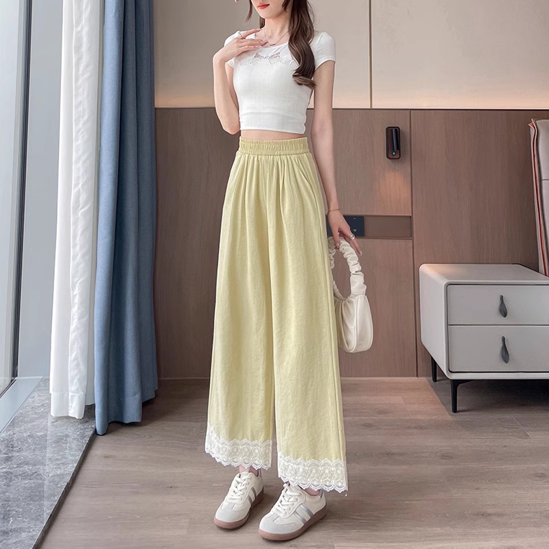 レース 服 裾レース付き楽ちんロングパンツ