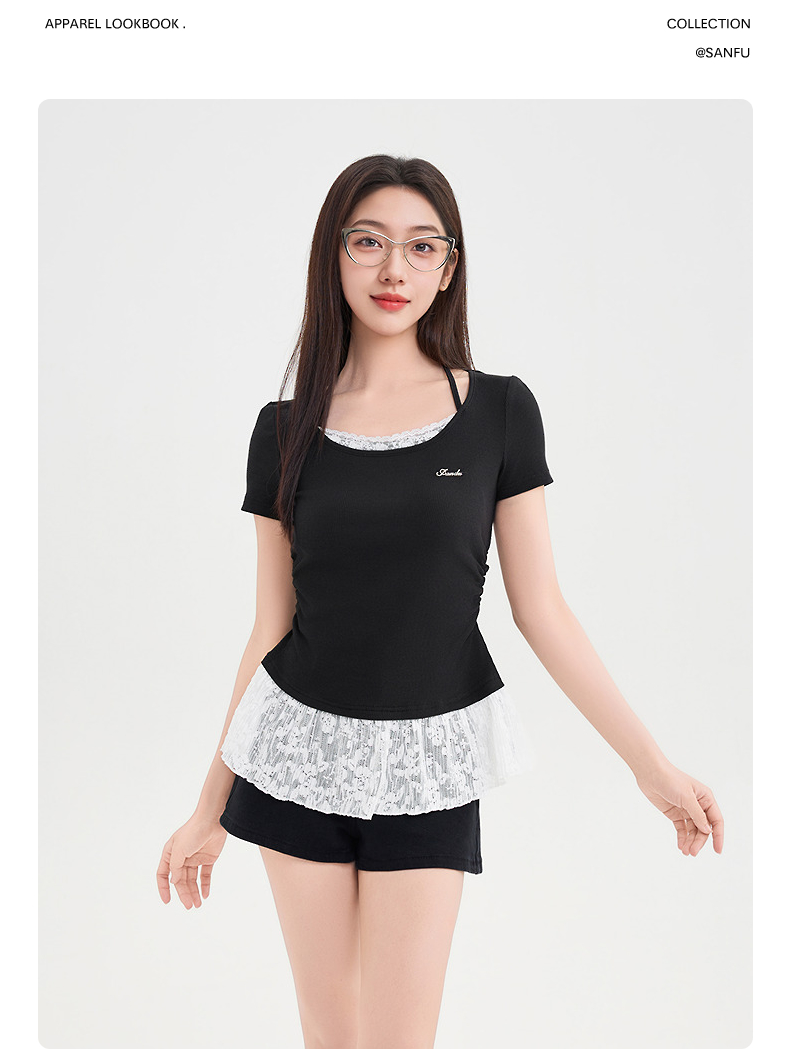 レース 服 レース裾フリル半袖リブトップス
