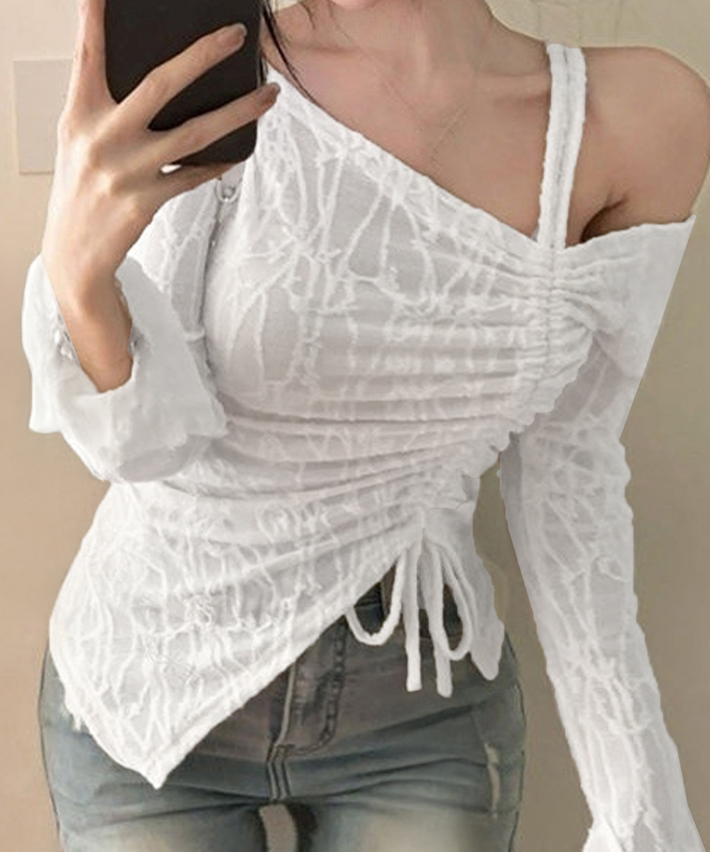 レース 服 ワンショルダーレーストップス肩出しギャザーデザイン