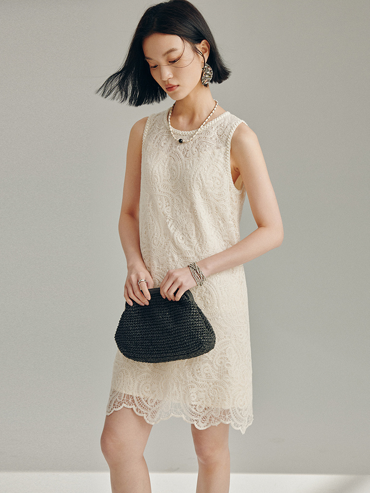 レース 服 優美レース模様ノースリーブワンピース