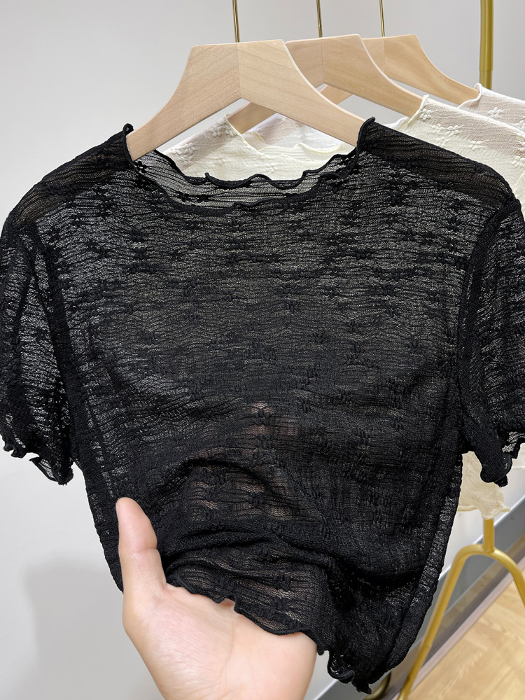 レース 服 花柄透かし編み半袖レーストップス