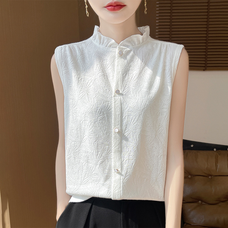 レース 服 フリルスタンド襟ノースリーブトップス