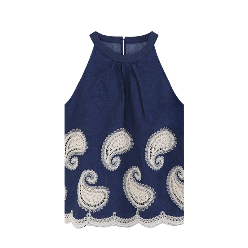 レース 服 ペイズリー刺繍ホルターネックトップス