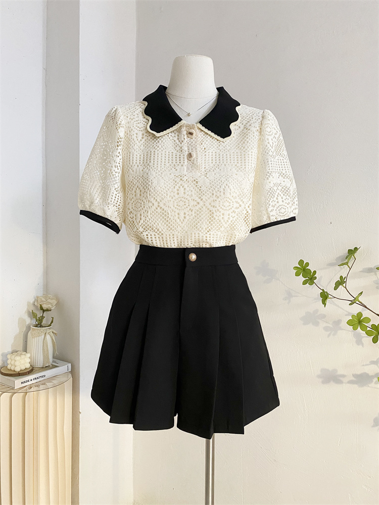 レース 服 襟付きレース半袖ポロブラウス