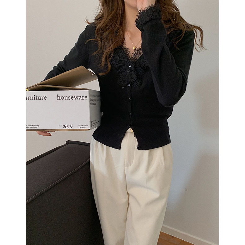 レース 服 レディース長袖レース襟ニットカーディガン 2色