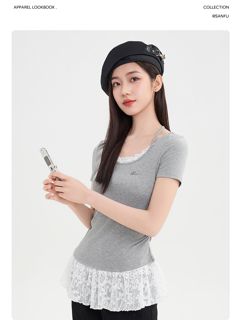 レース 服 レース裾フリル半袖リブトップス