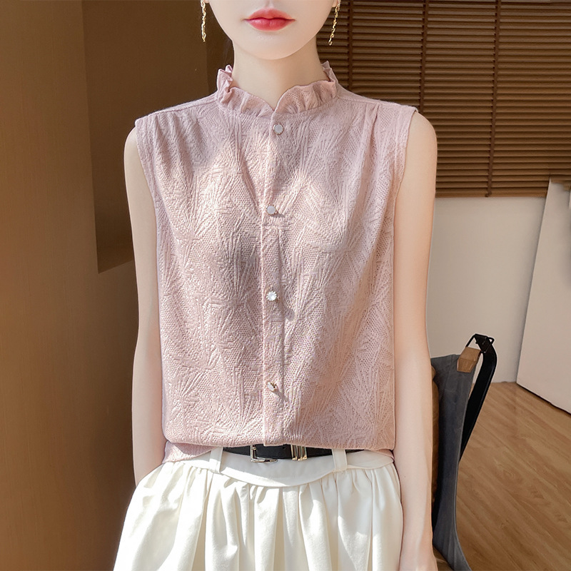 レース 服 フリルスタンド襟ノースリーブトップス