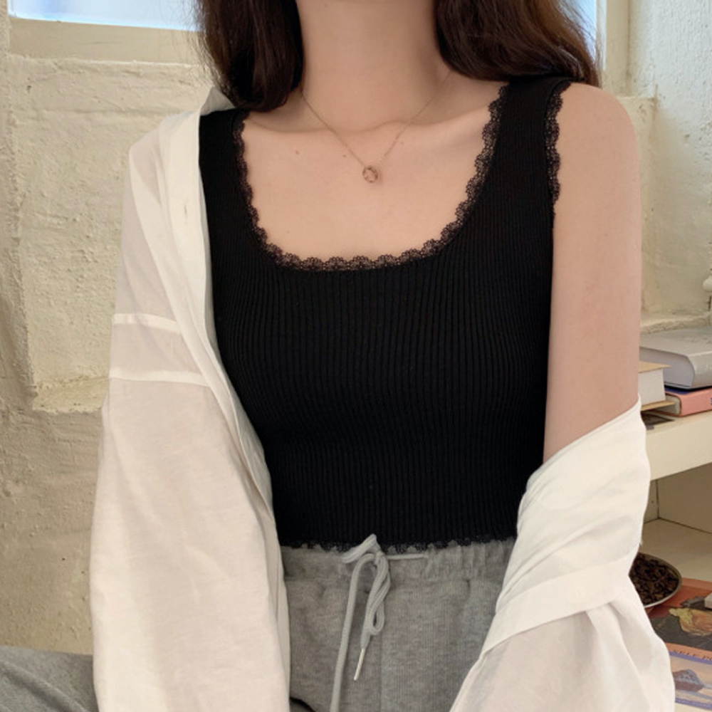 レース 服 レース付きリブニットタンクトップ へそ出しショート丈