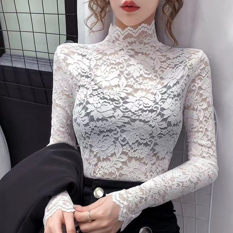 レースファッション 優美なフラワーレース タートルネックトップス