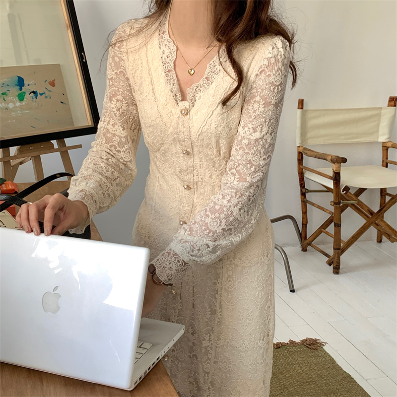 レース 服 韓国風気質ブイネック透かし彫りレースワンピース