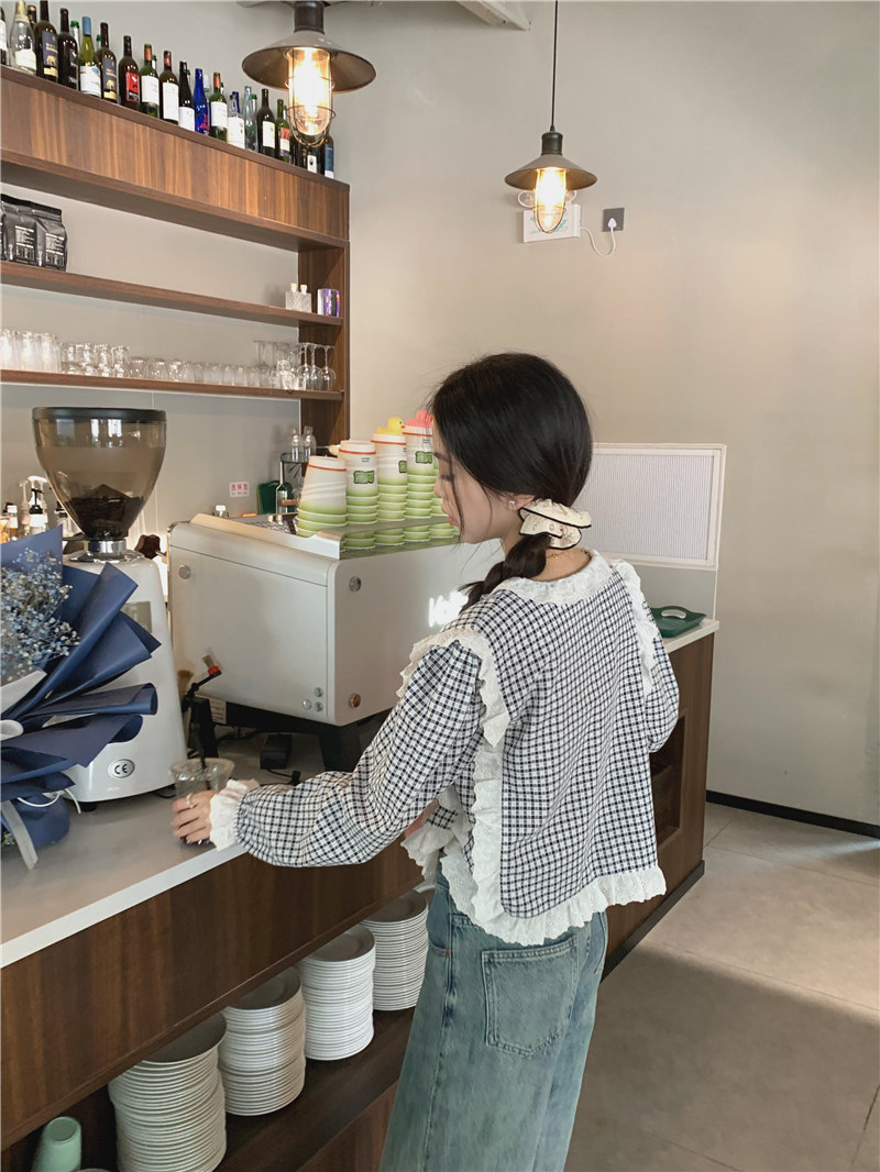 レース 服 レトロチェック柄レース飾りゆったりブラウス