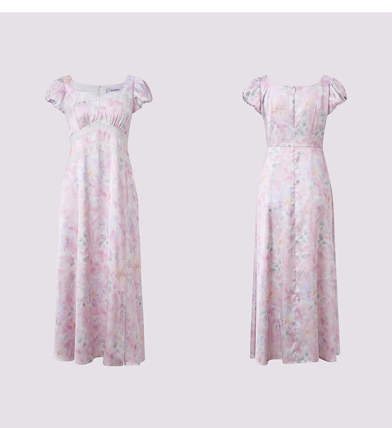 レース 服 花模様のレース装飾パフスリーブワンピース