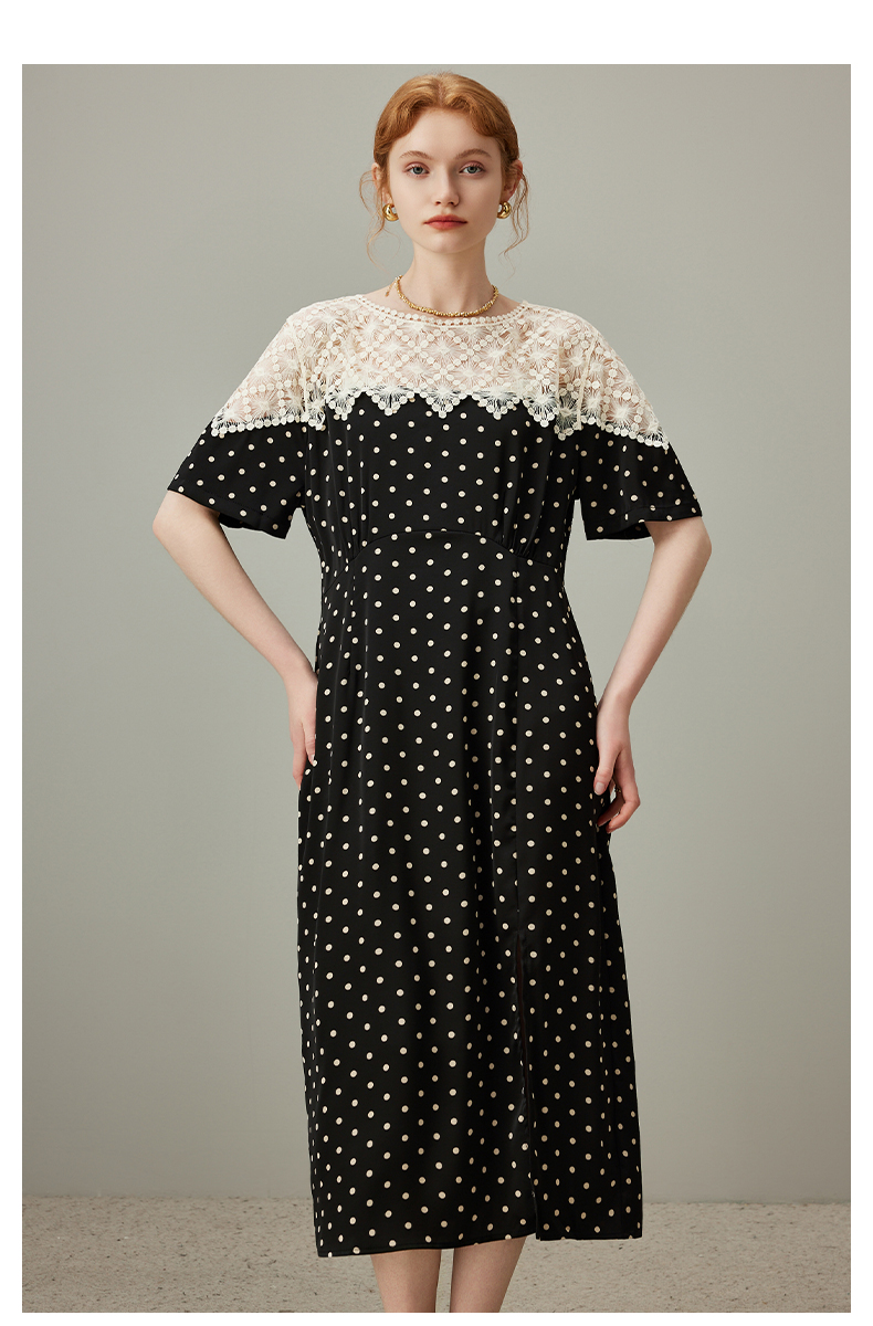 レース 服 レース切り替え水玉スリットワンピース