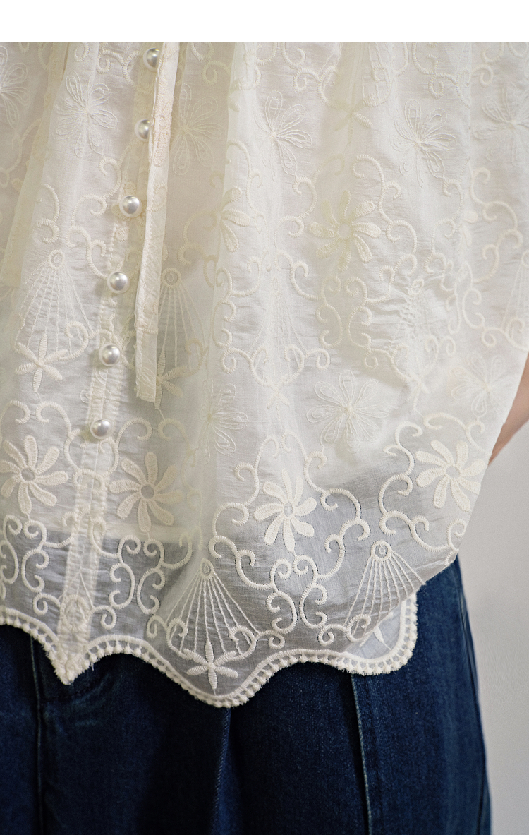 レース 服 花刺繍リボンノースリーブブラウス