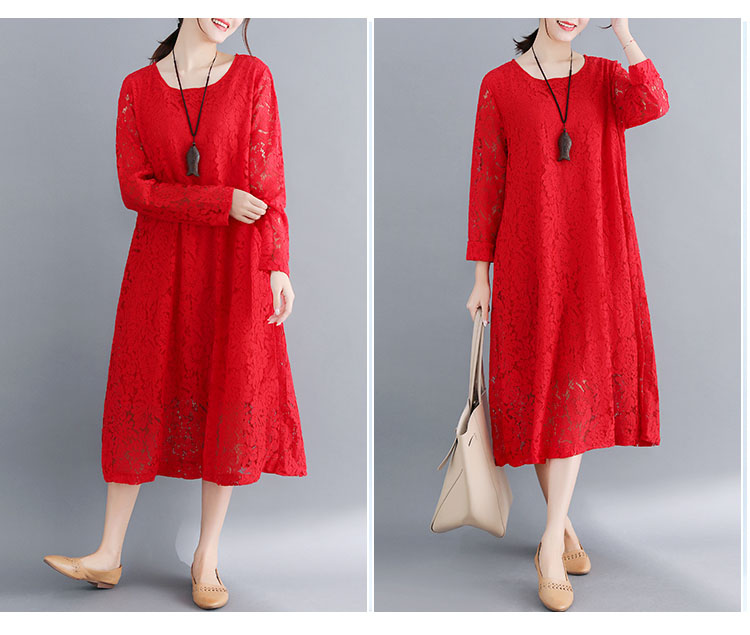 レース 服 総レース長袖ワンピース大きいサイズ着痩せミディ丈