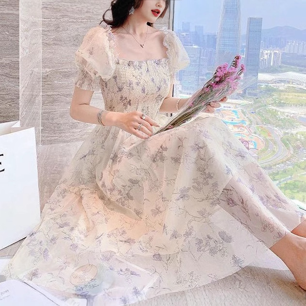 レース ワンピース 花柄シアーパフスリーブロングワンピース