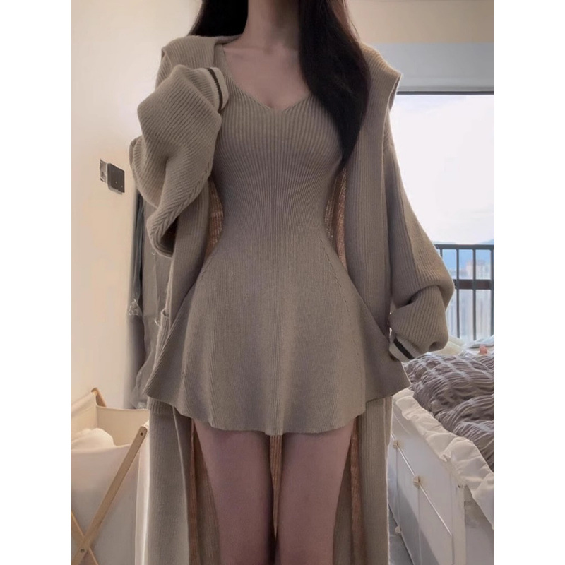 レース ワンピース 胸元リブ編み美シルエットワンピース
